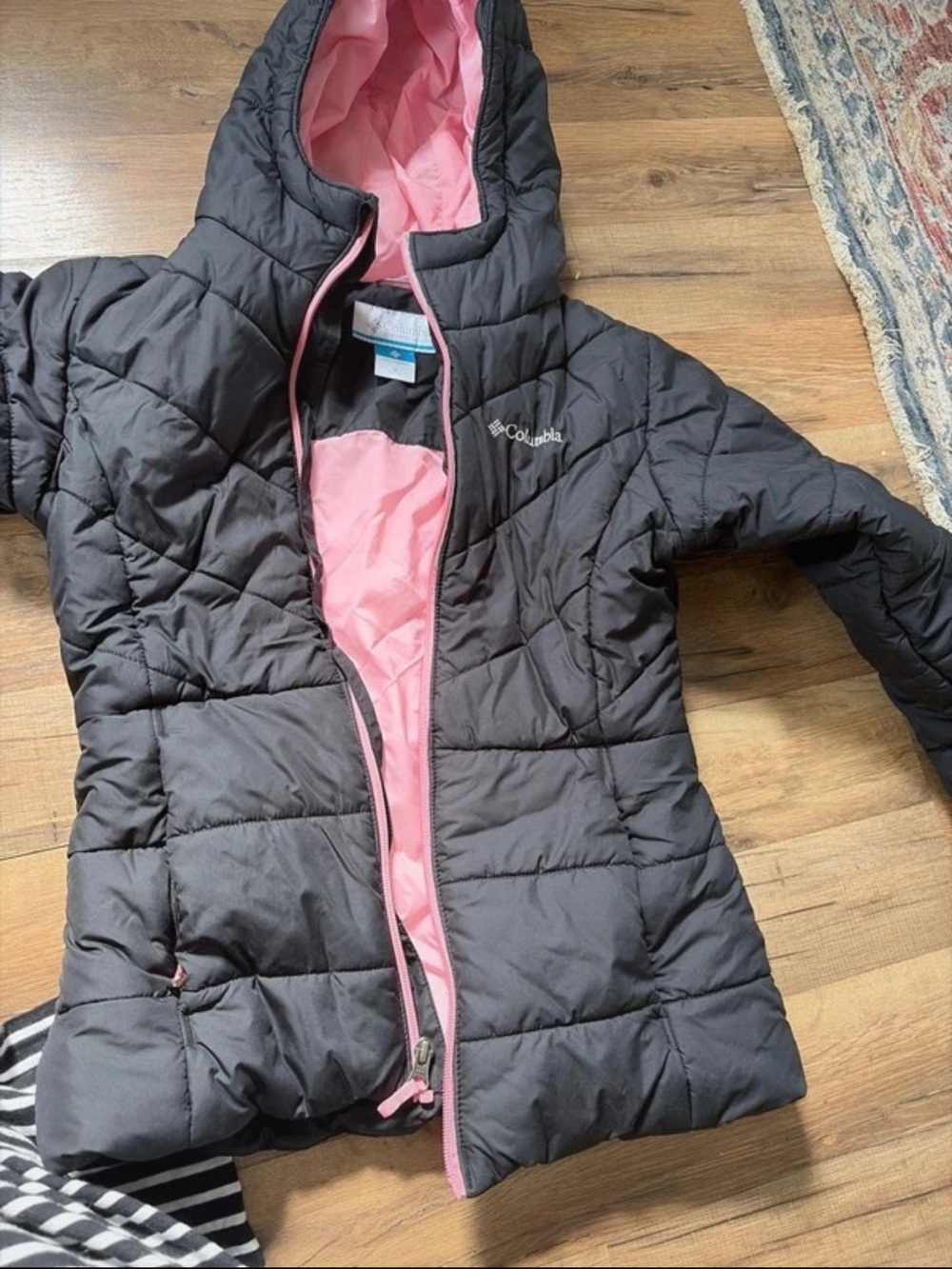 Columbia Black Puffer Jacket with Pink Lining - Hooded Girls' Coat
